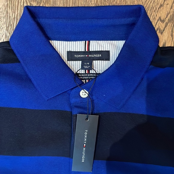 Tommy Hilfiger Slim Fit Stretch Men’s Block Stripe Polo in Midnight Blue Size L - Picture 3 of 4